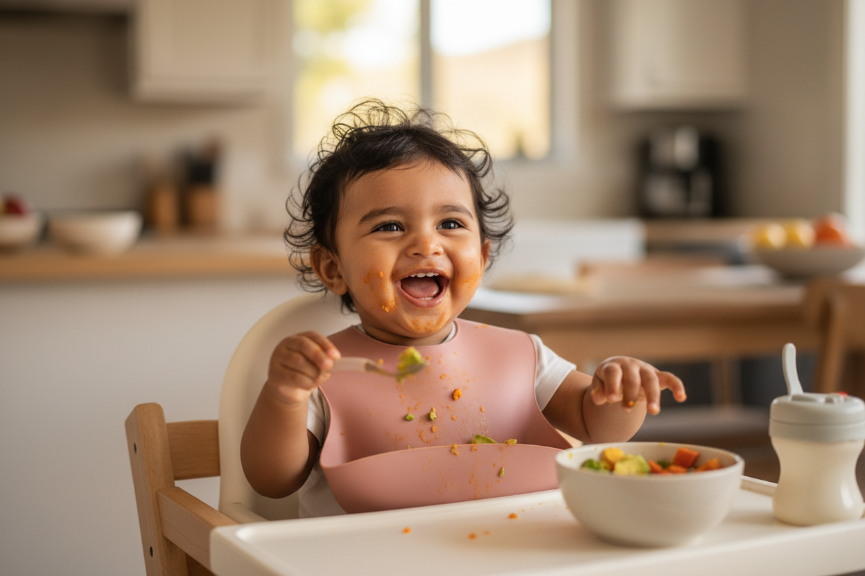 baby eating food in a baby chair with a silicon bib, indian baby 